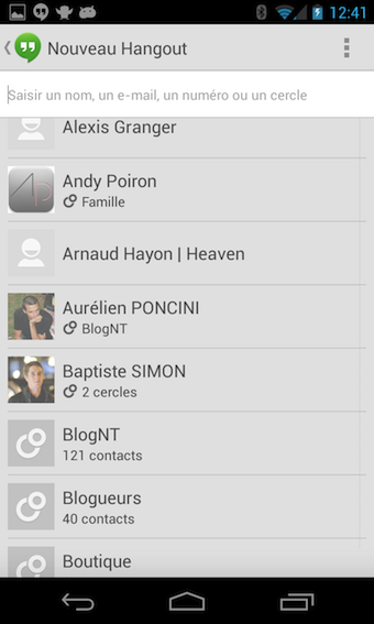 Tous les contacts sont répertoriés au sein de l'application Hangouts