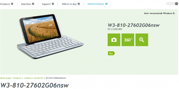 La tablette W3-810 sous Windows 8 montre son écran de 8 pouces, cette fois sur le propre site Web de Acer