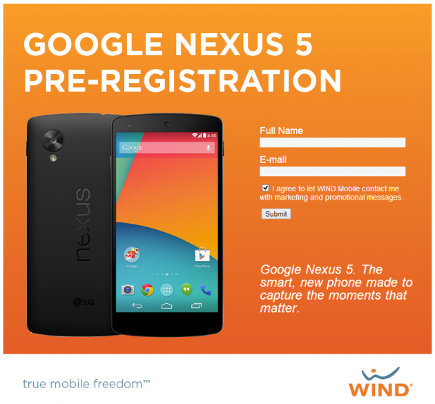 Page de pré-inscription pour le Nexus 5 de LG sur WIND Mobile