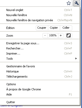 Menu Chrome Canary Build 
