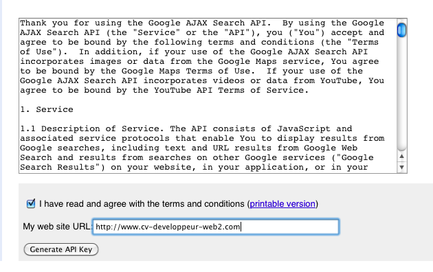 Inscription à l'API AJAX de Google Search