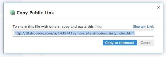 Comment faire pour utiliser Dropbox et héberger gratuitement un site Web - Lien Dropbox de la page d'accueil du site