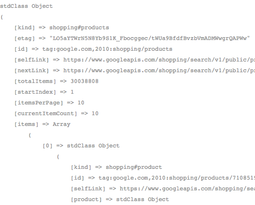 Comment utiliser l'API de Google Shopping en PHP - Résultat des produits reçus après transformation JSON