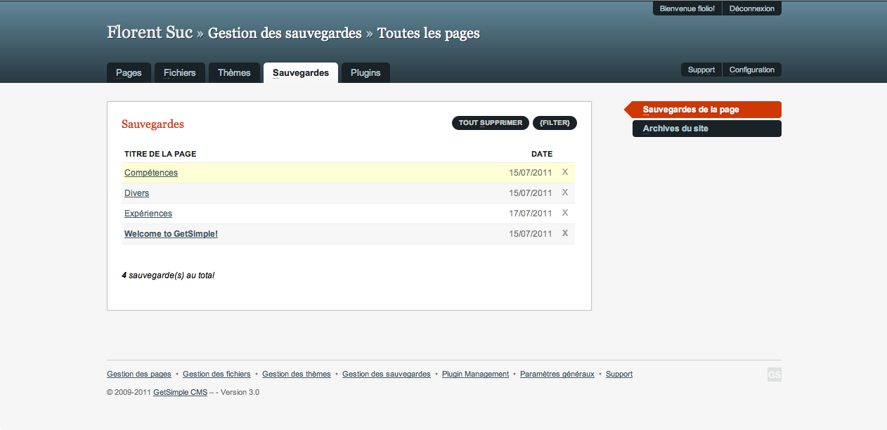 GetSimple, un CMS ultra-léger basé sur XML - Gestion des sauvegardes