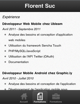 Sencha Touch, introduction aux panels - CV Mobile - Page des expériences