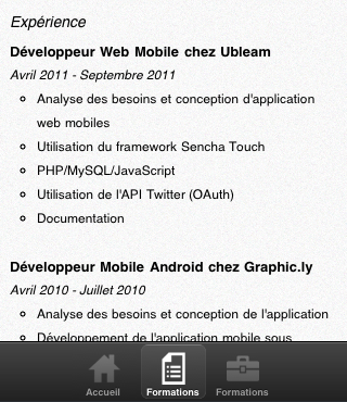 Sencha Touch, introduction aux panels - CV Mobile - Page des expériences