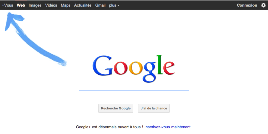 Google dessine une flèche bleu sur sa page d'accueil afin de populariser Google+