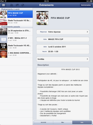 Facebook est disponible sur l'iPad - Affichage des événements