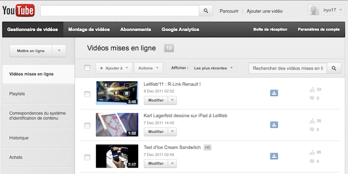 Nouvelle interface pour la gestion des vidéos sur Youtube - Barre du créateur