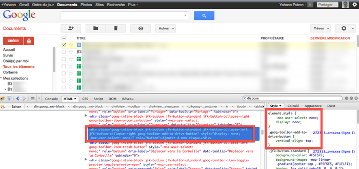 Afficher le bouton 'Ajouter à mon disque' de Google Drive depuis le code source de GDocs - Avec la propriété CSS display:none