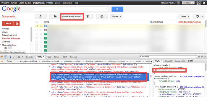 Afficher le bouton 'Ajouter à mon disque' de Google Drive depuis le code source de GDocs - Sans la propriété CSS display:none