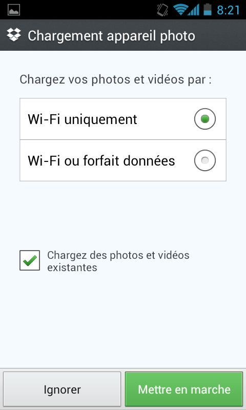 Récupérer de nouveau 3 Go d'espace de stockage sur votre Dropbox - Choix du type de chargement de vos photos / vidéos