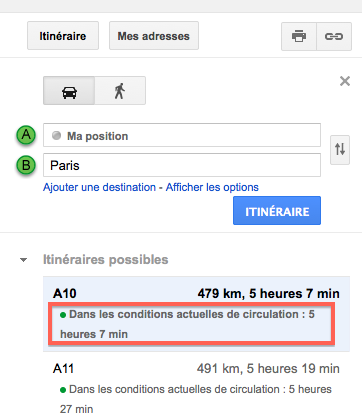 Prise en compte des conditions de circulation actuelles au sein de Google Maps