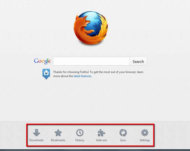 Nouveau design pour la page d'accueil et pour un nouvel onglet de Firefox - Barre d'outils : signets, historiques, réglages des extensions, téléchargements et préférences de synchronisation