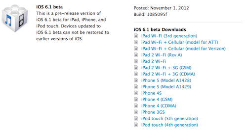 iOS 6.0.1 pour les consommateurs, iOS 6.1 bêta est maintenant disponible pour les développeurs