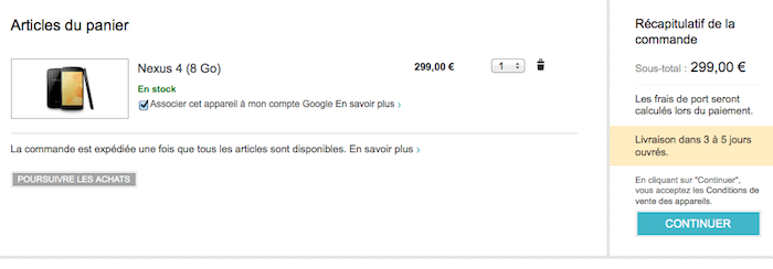 Le Nexus 4 est officiellement disponible sur le Play Store au prix de 299€ pour le modèle 8 Go