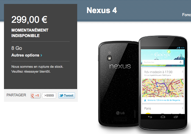 Google pourrait proposer la vente de Nexus 4 à nouveau sur le Play Store aujourd'hui - Nexus 4 momentanément indisponible sur le Google Play Store