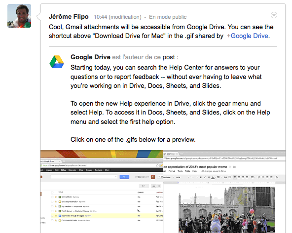 Google Drive pourrait bientôt récupérer les pièces jointes de Gmail - Publication sur Google+ de Jérôme Flipo présentant la découverte