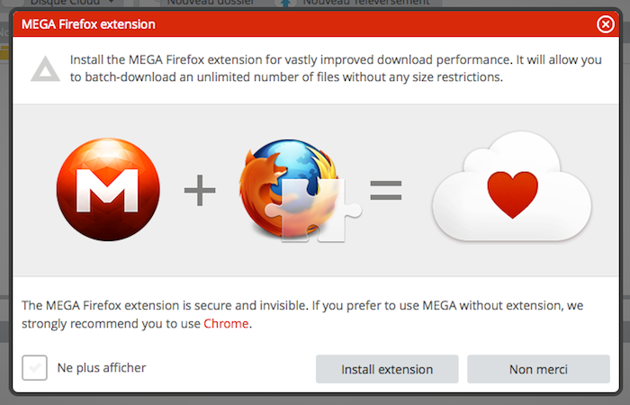 Une extension pour Firefox pour Mega, le service de stockage sur le cloud de Kim Dotcom - Désormais Mega recommande également Firefox mais avec l'extension Une extension pour Firefox pour Mega, le service de stockage sur le cloud de Kim Dotcom - Désormais Mega recommande également Firefox mais avec l'extension