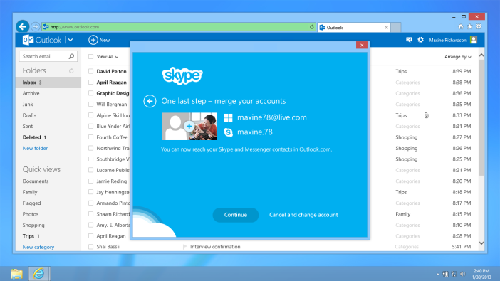 Il sera nécessaire de fusionner votre compte Skype avec votre compte Outlook.com