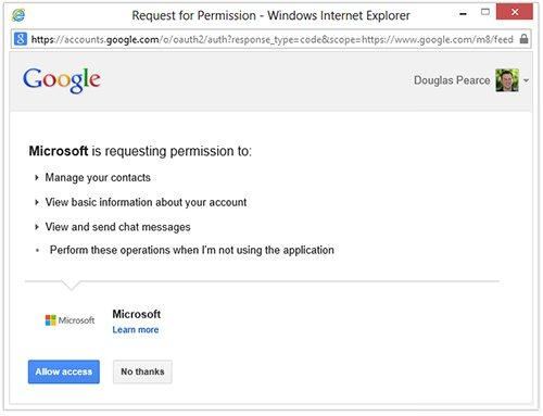 Il sera nécessaire d'autoriser l'accès à Microsoft pour gérer vos contacts et Gchats