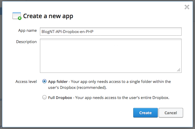 Création de l'application Dropbox