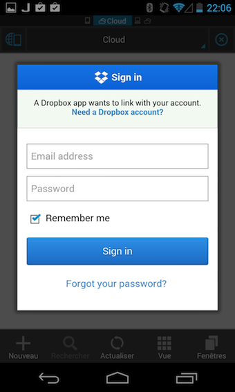 Authentification auprès de Dropbox