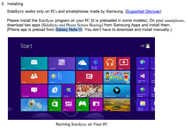 Le Galaxy Note 3 mentionné dans la documentation de l'application SideSync de Samsung en ligne