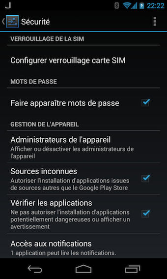 Paramètres de sécurité Android