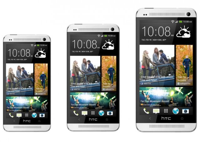 Le HTC One Max à côté du HTC One et du HTC One Mini