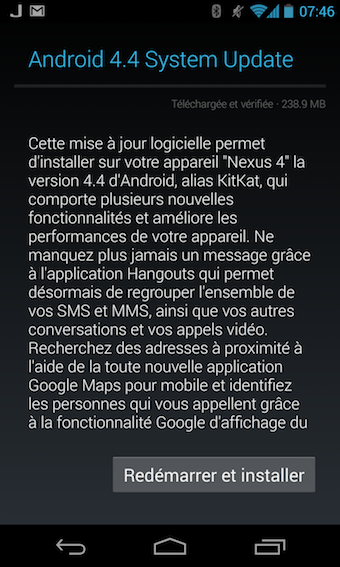 Mise à jour OTA de Android 4.4 KitKat sur le Nexus 4