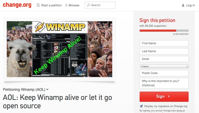 Winamp recueille 35 000 signatures sur Change.org, et a même un site de soutien
