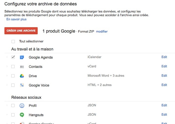 Création d'une archive Google