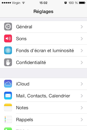 Accès aux paramètres sous iOS 7