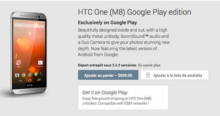 HTC One M8 Google Play Edition en vente sur le Google Play