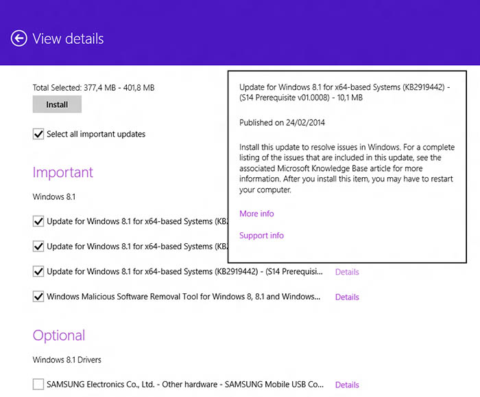Des pré-requis sont nécessaires pour Windows 8.1 Update 1