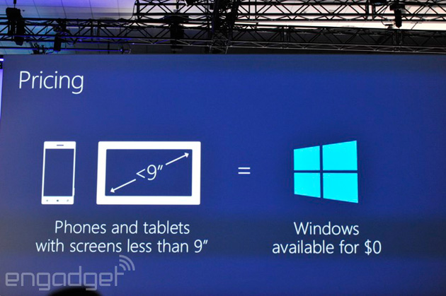 Windows sera gratuit pour les smartphones, tablettes inférieurs à 9 pouces