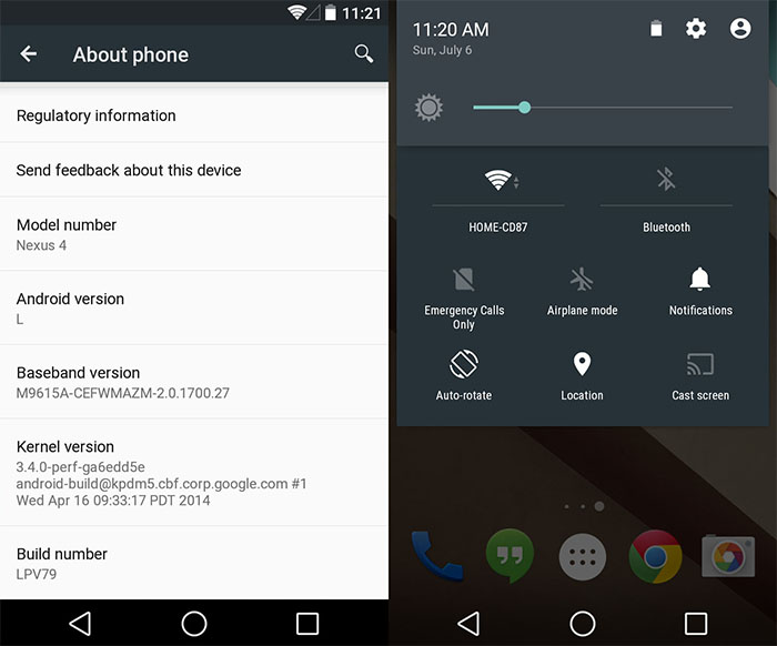 Captures d'écrans de Android L sur le Nexus 4