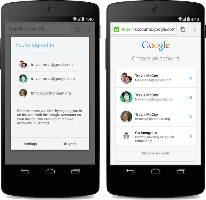 Chrome pour Android : authentification directe