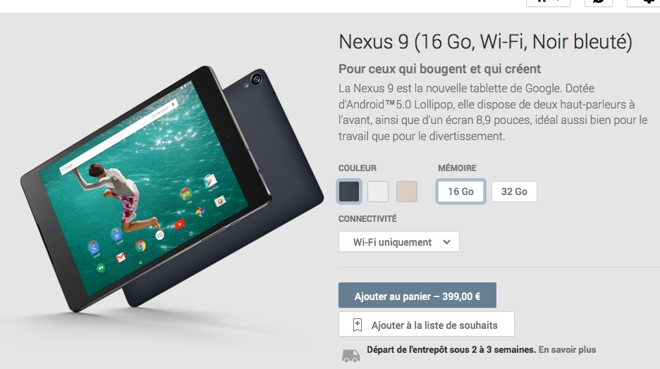 Nexus 9 sur le Google Play Store français