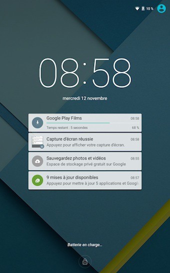 Nexus 9 : écran d'accueil de Android Lollipop