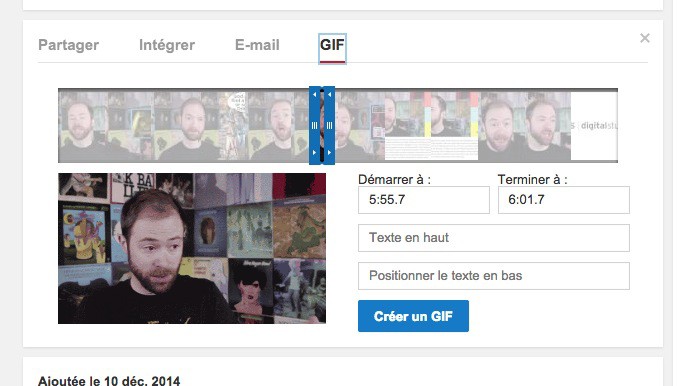 Volet 'GIF' dans le menu 'Partager' de YouTube