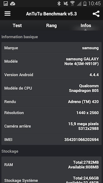 Galaxy Note 4 : AnTuTu, les spécifications