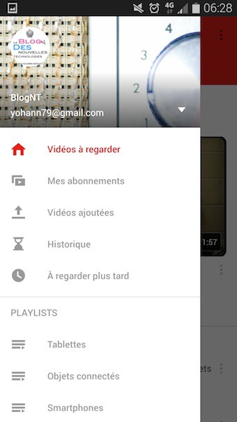 YouTube 6.0.11 : menu latéral