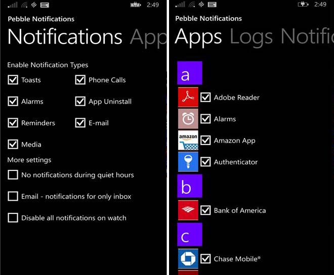 Choix des notifications Pebble sur Windows Phone
