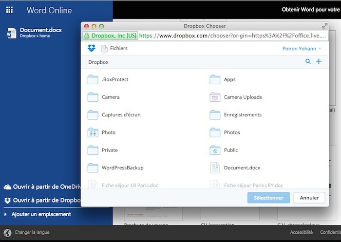 Ouverture des fichiers Dropbox depuis Office Online