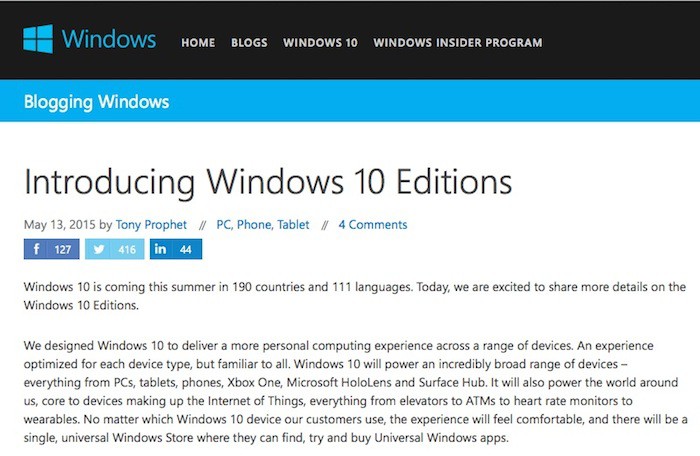 Windows 10 : il arrivera en versions Home, Mobile et Pro