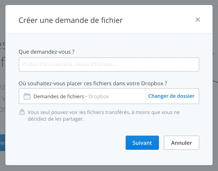 Dropbox : demandes de fichiers