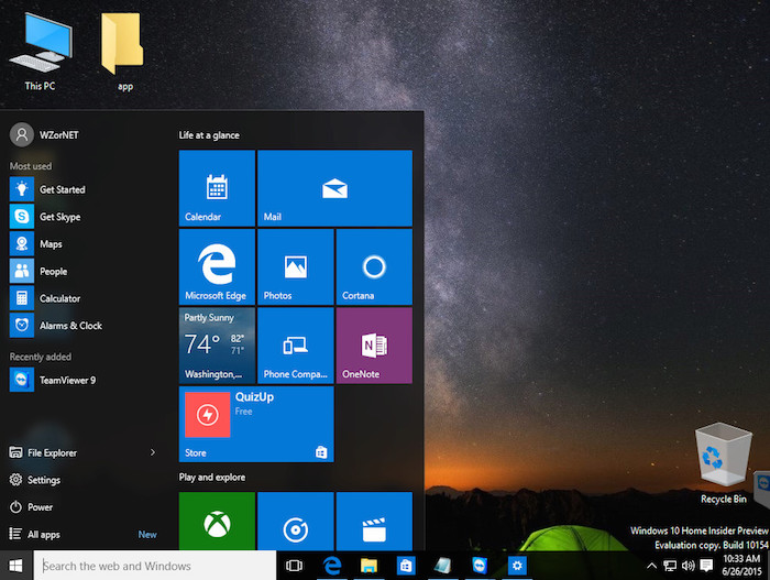 Build 10154 de Windows 10 : écran d'accueil
