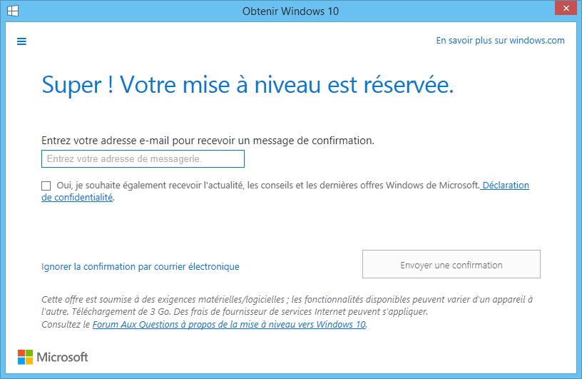Windows 8 : bouton pour passer à Windows 10